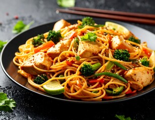 Stir-fried pasta with chicken and vegetables