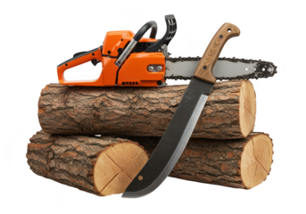 Chainsaw and machete on logs isolated on transparent background