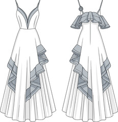 Elegant fashion dress design, deep V-neckline, layered ruffle skirt, stylish evening wear, trendy formal gown, luxury apparel illustration