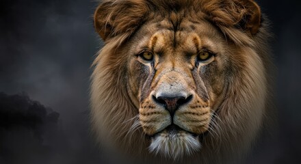 Naklejka premium Close-up portrait of a majestic lion against a dark, stormy backdrop.