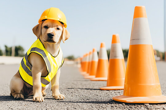 Safety first! A cute puppy wears a hard hat and safety vest while sitting among traffic cones. This canine construction worker is ready for the job!