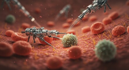 Microscopic view of nanobots interacting with cells within a biological environment.