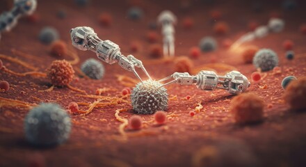 Microscopic view of robotic arms interacting with cells on a textured surface, possibly representing medical or scientific research.