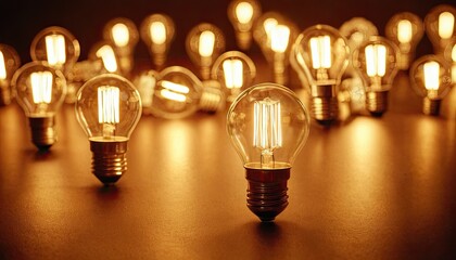Warm filament bulbs cast a cozy amber glow in a dimly lit room
1