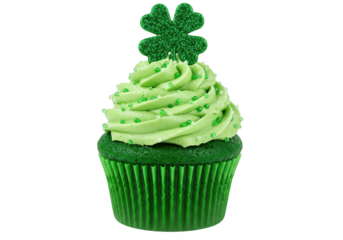 Green st patricks day cupcake with shamrock decoration isolated on transparent background