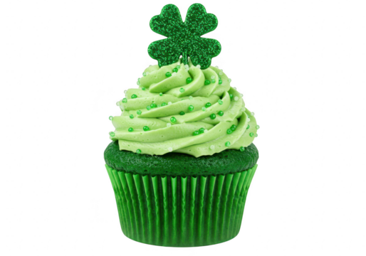 Green st patricks day cupcake with shamrock decoration isolated on transparent background
