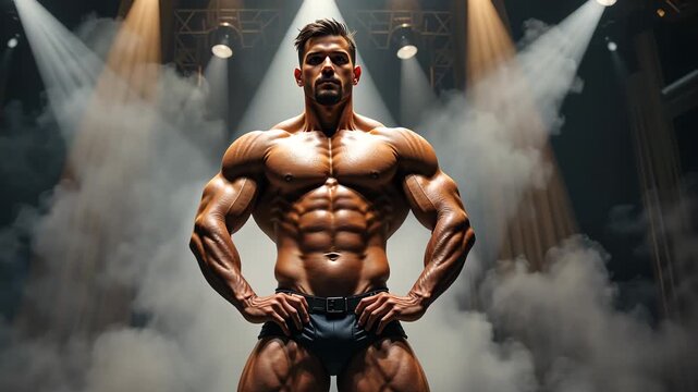 Strong muscular man posing shirtless under dramatic spotlight with smoke effect in gym interior. Concept of strength and bodybuilding
