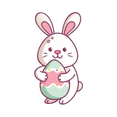 Cute Easter Bunny Holding a Decorated Easter Egg on a White Background