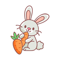 Adorable Gray Bunny Hugging a Big Orange Carrot with Green Leaves