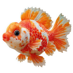 Vibrant orange and white calico fantail goldfish swimming isolated on transparent background