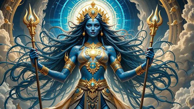 Majestic hindu goddess Kali with multiple arms glowing in divine light against cosmic mandala background. Spiritual religious concept