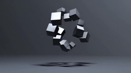 Floating metal cubes on a grey background, creating an abstract sculpture with an innovative concept - Powered by Adobe