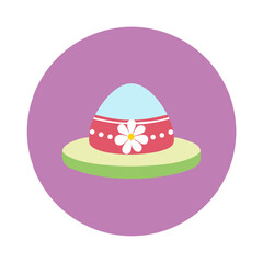 Cartoon Easter egg on a pastel colored platter with decorative flower