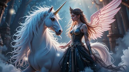 Fantasy woman in fairy armor standing beside a white unicorn under sparkling magical sky. Concept of mystical fantasy adventure - Powered by Adobe