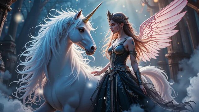 Fantasy woman in fairy armor standing beside a white unicorn under sparkling magical sky. Concept of mystical fantasy adventure