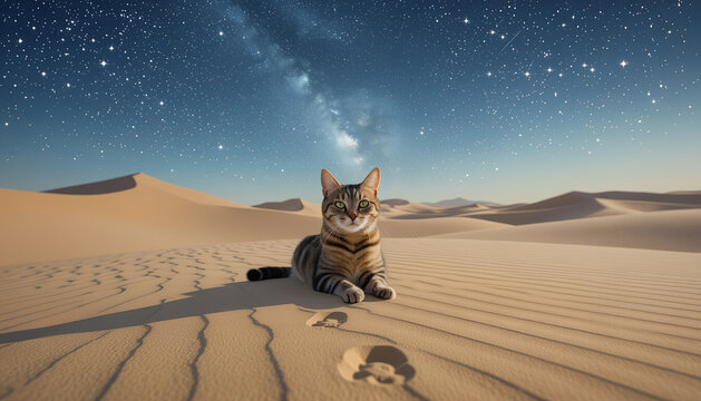 *Surreal Cat-Shaped Constellation Over Desert – High-Key Starlight & Silver Paw Prints on Sand-Textured Neutral Background with Copy Space* - Powered by Adobe