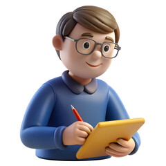 Cartoon man writing with pen on yellow tablet image