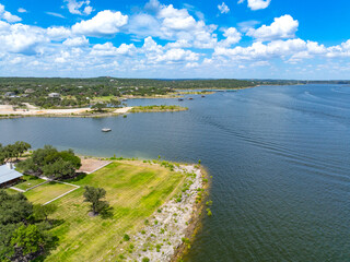 Austin, Texas / USA - July 28 2025: Aerial Drone Photo of Lake Travis Full of Water with Boat...