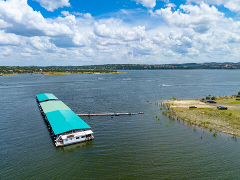 Austin, Texas / USA - July 28 2025: Aerial Drone Photo of Lake Travis Full of Water with Boat Houses Floating