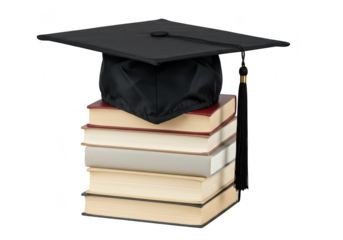 Graduation cap on a stack of books isolated on transparent background