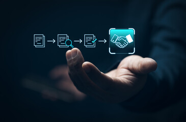 Digital Contract Approval Workflow and Business Agreement Process, e-contract system, Management approval, Businessman manage digital procurement process, electronic digital certification, e-signature