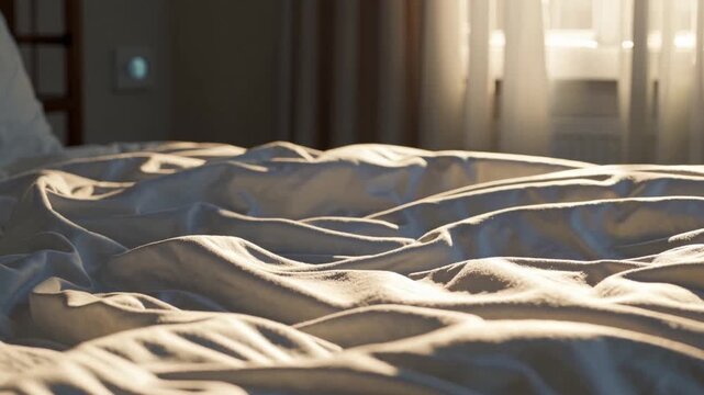Serene morning sunlight gently caressing the soft, rumpled bed linens, creating a peaceful and inviting ambiance in the bedroom.