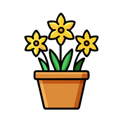 Cartoon illustration of daffodils in a pot on a white background