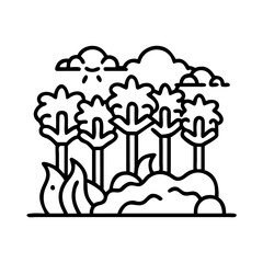 Stylized Forest Scene with Clouds, Sun, and Ground Cover in Black and White