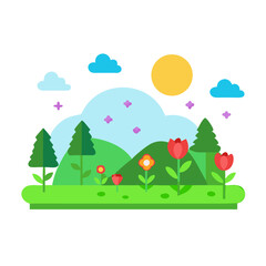 Obraz premium Cartoon landscape with trees flowers hills clouds and sun on white background