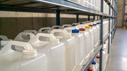 Plastic Chemical Jugs Lines on Metal Shelves in Indoor Storage Area Ideal for Lab Inventory Themes