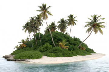 Tropical island with palm trees isolated on transparent background, a paradise of nature, sea, and sand for a perfect vacation getaway