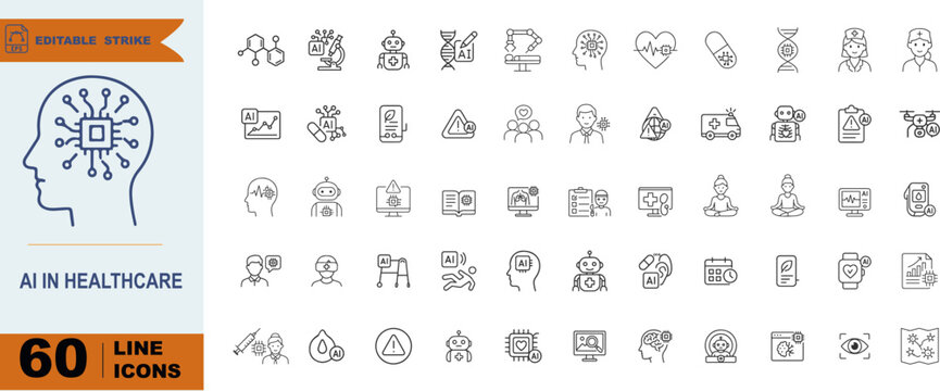 AI Healthcare Technology Icons – Smart Medical Solutions in Vector Outline Style
