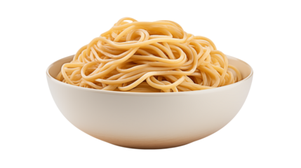 A close up shot of a bowl filled with cooked spaghetti on a transparent background image view