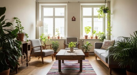 Inviting living room filled with lush green plants, natural light, and cozy furniture creates a serene urban oasis.