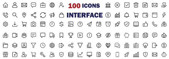 Interface Icon Set: A comprehensive array of 100 meticulously designed interface icons, each crafted with a clean, minimalist aesthetic for diverse digital applications.
