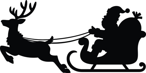 Black Silhouette Santa Claus in Sleigh Pulled by Reindeer