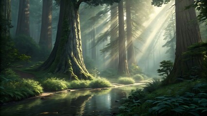 Misty sunbeams illuminate ancient redwood trees and a tranquil forest stream