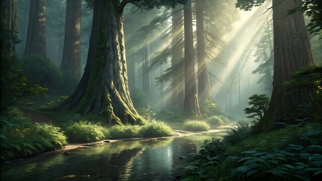 Misty sunbeams illuminate ancient redwood trees and a tranquil forest stream