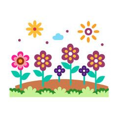 A whimsical cartoon garden scene with flowers, sunshine and a cloud