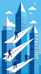 Ambitious businessmen navigate the corporate landscape on paper airplanes, striving for success in a vibrant cityscape, symbolizing innovation and career advancement