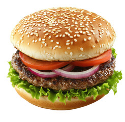 Delicious juicy burger with sesame seed bun tomato onion and fresh lettuce against white background