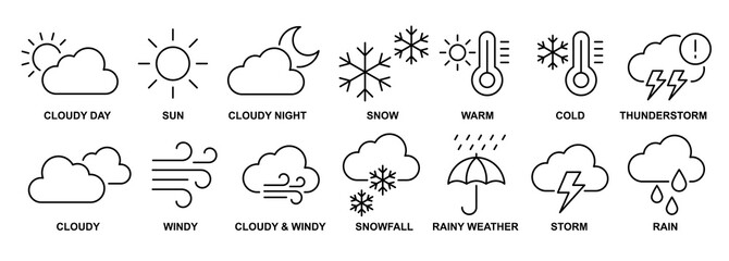 weather icons including windy, cloudy, storm, cold, warm, snow, rainy etc weather. eps editable line icons set. 