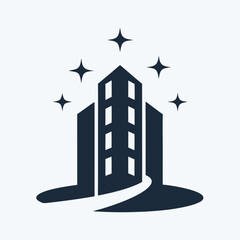 Dark blue abstract building with sparkling stars on white background architecture 1