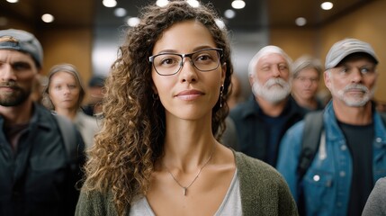 Obraz premium A group of individuals stands in an elevator, all showing expressions of worry while gazing directly at the camera