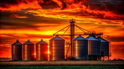 Obraz premium Grain silos stand tall against a dramatic sunset sky with fiery orange clouds