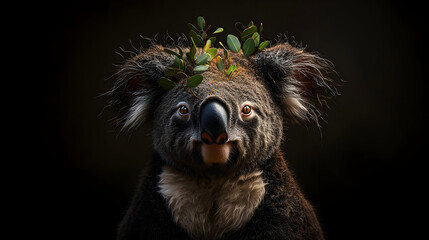 Fototapeta premium Koala Portrait Against Dark Background With Eucalyptus