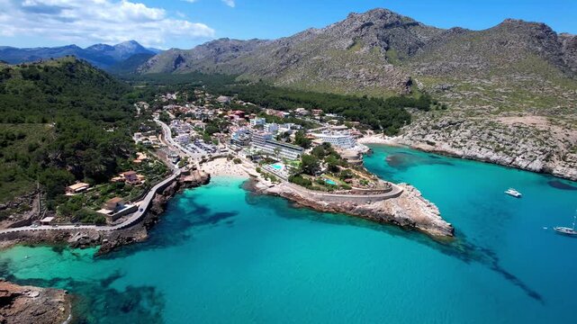  best beaches of Mallorca (Majorca) island. Cala Clara and cala Carbo in northern part. Aerial drone video of two beaches , resort and turquoise clear sea. Spain, Balearic islands