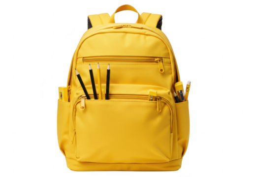 Yellow backpack with school supplies isolated on transparent background