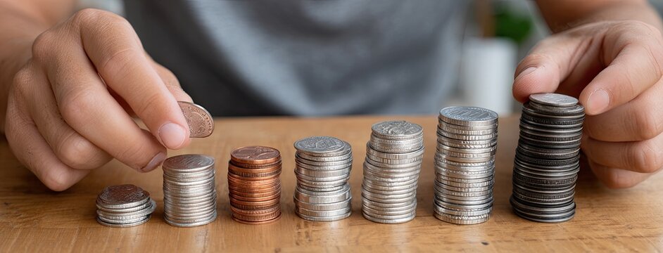 Hands carefully add coins to organized stacks, showcasing financial planning and budgeting on a wooden table in a home setting