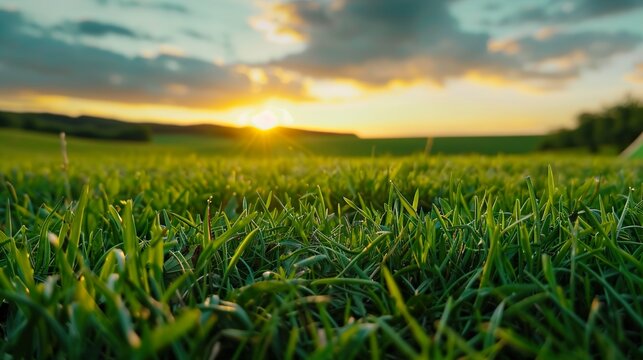 A serene sunset over lush green grass, casting warm golden hues across the landscape, creating a tranquil and peaceful atmosphere.,camping tent - Powered by Adobe